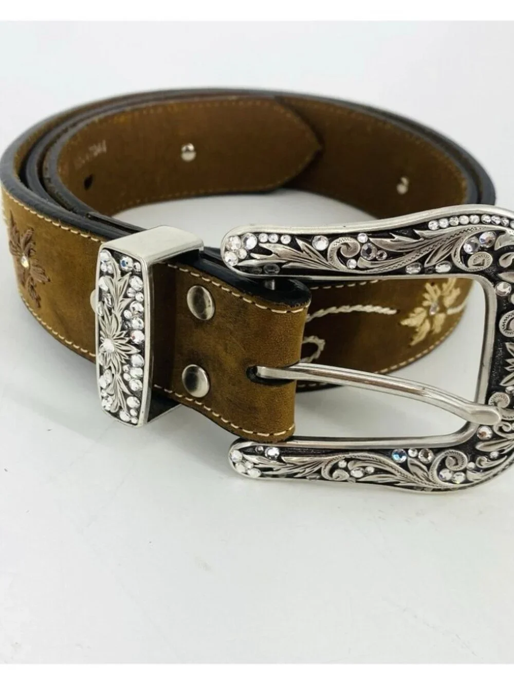 Nocona Belt Co Brown Western Embroidered Leather Belt Large Floral Silver Buckle